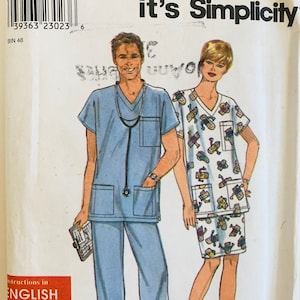 Easy Scrubs Pattern Misses Mens Unisex Top, Skirt and Pants Sizes S M L XL It's So Easy Simplicity 8730 UNCUT