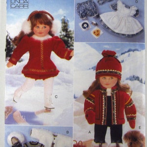 May include: Vogue Craft doll pattern 9579. The pattern includes instructions for making doll clothes. The image shows a doll wearing a red coat, hat, and boots, and other outfits. The pattern is designed by Linda Carr.
