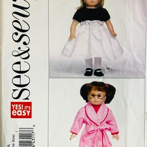 May include: A sewing pattern featuring two doll outfits. The top doll wears a black top and white skirt. The bottom doll is in a pink robe and red pants. The pattern includes the text "see & sew" and "YES! It's easy."