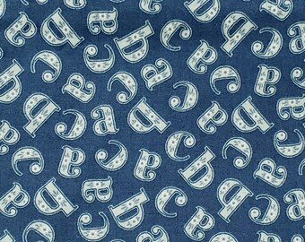 Vintage Style Alphabet Letters with Floral Print Fat Quarter Blue Quilting Cotton Fabric Retro Juvenile Kids