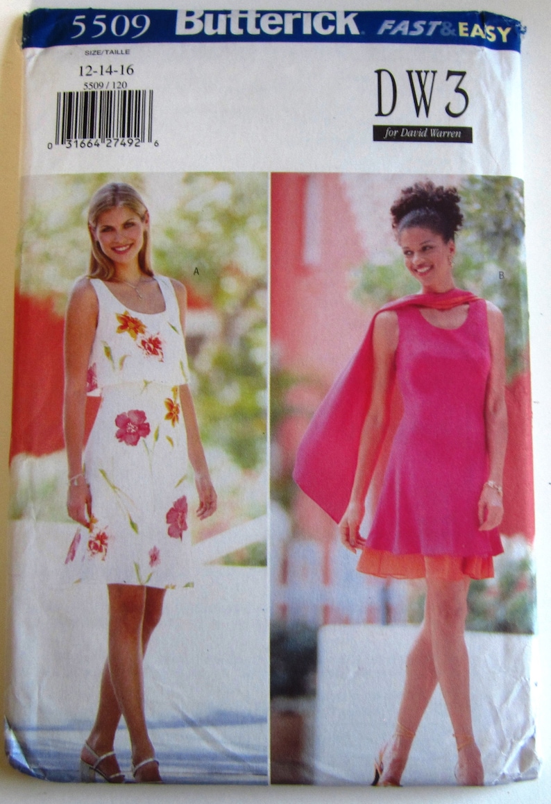 Very Easy Sew Misses Sleeveless Dress 2 Styles Lined and Scarf Sizes 12 14 16 David Warren Butterick Pattern 5509 UNCUT Very Easy Sew Misses Sleeveless Dress 2 Styles Lined and Scarf Sizes 12 14 16 David Warren Butterick Pattern 5509 UNCUT