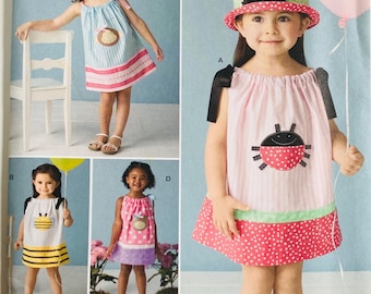 Toddler Girls Pillowcase Dress Pattern 4 Appliques Designs Sizes 1/2, 1 2 3 4 and Hat Simplicity 2383 UNCUT
