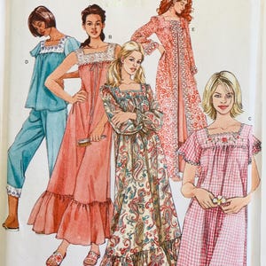 May include: A Simplicity sewing pattern envelope 1048 for sleepwear, featuring illustrations of five different nightgowns and pajama sets with square necklines, lace trim, and various floral or paisley prints in pink, blue, and cream color palettes.