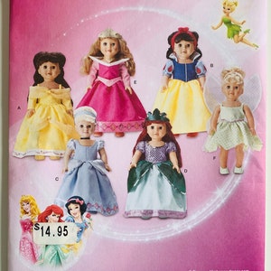 18 inch Doll Disney Princess Costumes Pattern Cinderella Snow White Belle Ariel Sleeping Beauty Tinkerbell Simplicity 5705 / 1581 UNCUT