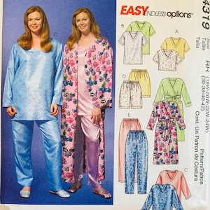May include: A sewing pattern envelope labeled 4319 Easy Endless Options featuring illustrations of loungewear including V-neck tops, pants, and robes. The package displays two outfits: a solid light blue set and a pink floral patterned robe set.