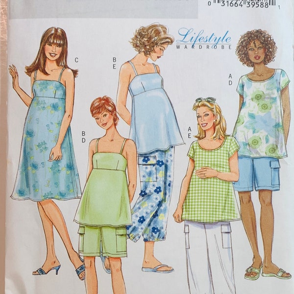 Very Easy Summer Maternity Tops, Dress, Shorts and Above Ankle Pants Sizes 8 10 12 14 Butterick Pattern B4527 UNCUT