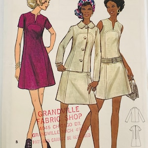 May include: Vintage Butterick sewing pattern, size 16 1/2, featuring illustrations of three women's dresses and a suit. The pattern includes a dress with a V-neck, a suit with a collared jacket and skirt, and a sleeveless dress with a belt.