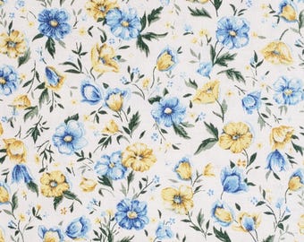 Tela de algodón Fat Quarter con bonito estampado floral para patchwork, flores azules y amarillas, hojas verdes, costura lenta, manualidades, diario.