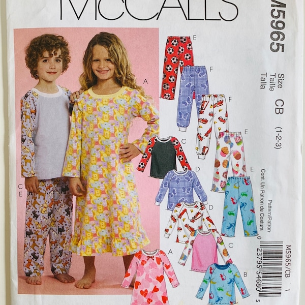 Toddlers Pajamas Tops 2 Styles, Pajama Pants 2 Styles and Nightgown Pattern Sizes 1 2 3 McCalls Pattern M9231/M5965 UNCUT