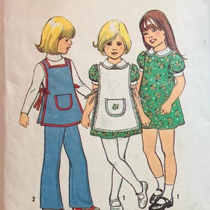 Easy 70s Little Girls Dress, Apron and Pants Pattern Size 4 Vintage Simplicity 7064 Used Complete