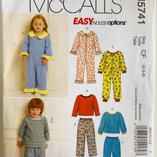 Easy to Sew Toddlers Childs Pajamas Tops, Pajama Pants and Jumpsuit Sizes 4 5 6 McCalls Pattern M5741 UNCUT