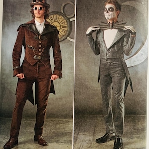 May include: Simplicity sewing pattern 1039 featuring two costume designs. The left shows a brown jacket with a high collar, buckles, and a top hat. The right shows a dark grey tailcoat with a wide collar, a white shirt, and skeletal hand gloves.