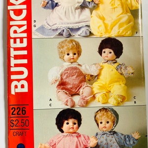 80s Doll Clothes Pattern for 16 inch Dolls 6 Outfits Overalls Top Dress Gown Bunting Pinafore Hat Booties Vintage Butterick 226/4144 UNCUT
