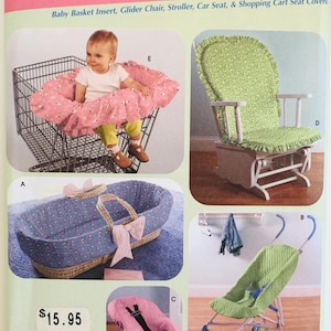May include: Simplicity 4636 sewing pattern envelope for baby accessories including a baby basket insert, glider chair cover, stroller cover, car seat cover, and shopping cart seat cover. The package features illustrations of these items.