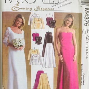May include: McCall's Evening Elegance sewing pattern. The pattern features illustrations of evening gowns and separates, including a strapless pink gown, a white wedding dress, and various tops and skirts. The pattern size is CCD (10-12-14-16).
