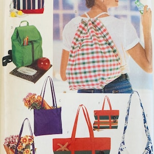 May include: Image of a pattern for various tote bags, backpacks, and shoulder bags. The bags are in different colors and patterns, including stripes, floral, and plaid. The pattern is labeled "4968 Butterick" and "One Size".