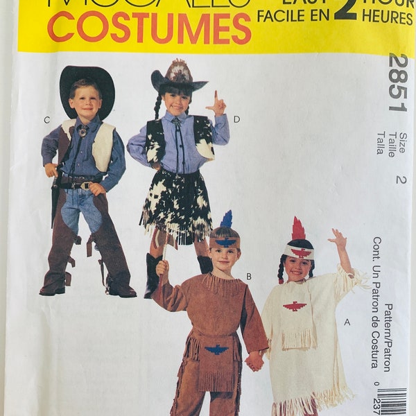 Easy Childs Old West Costumes Pattern Cowboy Cowgirl Native American Indians Size 2 McCalls Costumes 2851 UNCUT