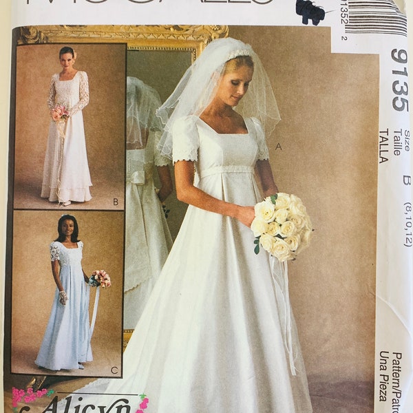 Misses Empire Bridal Gown and Bridesmaids Dress, Sleeve Variations Sizes 8 10 12 Alicyn Exclusives McCalls Pattern 9135 UNCUT Vintage 1990s
