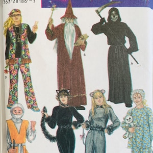 May include: Simplicity costume pattern featuring various Halloween and themed outfits. Includes a Grim Reaper, wizard, cat, mouse, ninja, and hippie costumes. The costumes are in various colors and styles, with accessories.