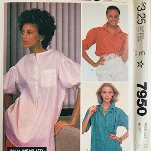 May include: McCall's sewing pattern 7950 for tops designed by Willi Smith. The envelope features three variations of button-down shirts with collars or round necklines, puff sleeves, and chest pockets, displayed on models in light pink, orange, and teal.