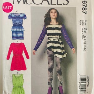 Easy Pattern for Girls Pullover Dresses, Tunic and Belt, Leggings Sizes 7-14 McCalls M6787 UNCUT