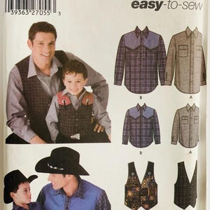 May include: A Simplicity sewing pattern envelope 5366 for shirts and vests in sizes S-L/S-XL. The cover features illustrations and photographs of shirts with western-style yokes and vests in various plaid, solid, and patterned fabrics.