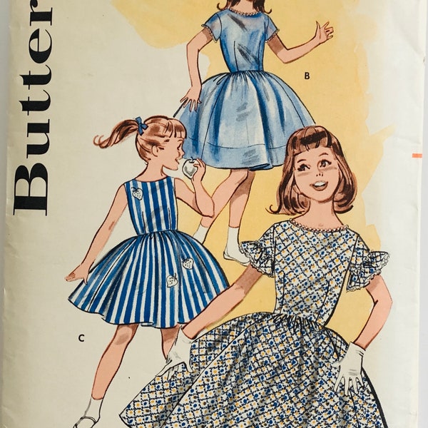 60s Girls Dress Pattern 3 Sleeve Variations Bateau Neckline Size 14 Breast 32 Gathered Skirt Vintage Butterick 9356 Used Complete