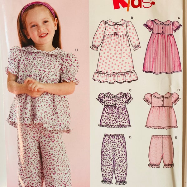 Toddler Girls Pajamas Two Piece, Nightgown, Shorts, Pants, Tops, Sleepwear Sizes 1/2, 1, 2, 3, 4 New Look Pattern 6638 UNCUT