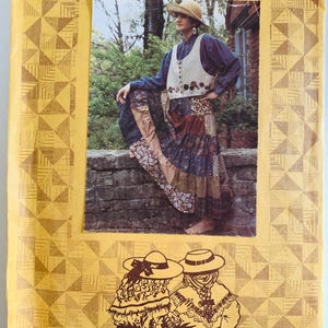 May include: A sewing pattern envelope titled Tiered Skirt & Yo-Yo Vest by Kindred Spirits. The yellow envelope features a photograph of a tiered patchwork skirt and a button-front vest with floral accents, plus a line drawing of two figures.