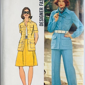 May include: Vintage Simplicity sewing pattern featuring two women's fashion designs. One model wears a yellow skirt and a short-sleeved, yellow and white checkered jacket. The other model is in a blue pantsuit. The pattern is size 12, with a 34-inch bust and a 26.5-inch waist.