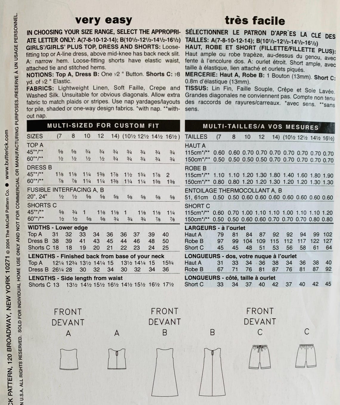 Very Easy Girls Summer Top or A-line Dress and Shorts Pattern Sizes 7 8 ...