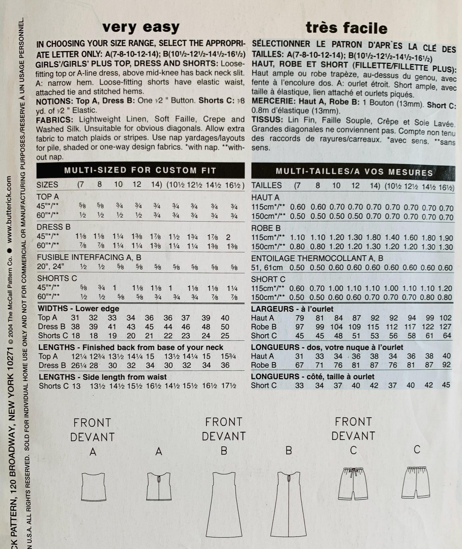 Very Easy Girls Summer Top or A-line Dress and Shorts Pattern Sizes 7 8 ...