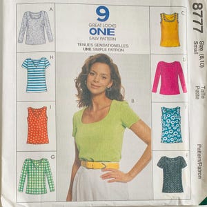 May include: A sewing pattern envelope labeled 8777, Size Small (8, 10), featuring 9 Great Looks One Easy Pattern. The cover displays a person wearing a lime green short-sleeved top and yellow belt, surrounded by illustrations of various tops.