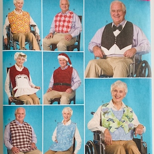 May include: Simplicity pattern 2687 features various bib designs for adults. The bibs showcase diverse patterns, including floral, plaid, and solid colors. The image includes the text "ONE SIZE" and the Simplicity logo.