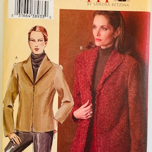 May include: A sewing pattern package with illustrations of women's jackets. The package features a tan jacket with a zipper and a red textured coat. The text "TODAY'S FIT" and pattern number V7976 are visible.