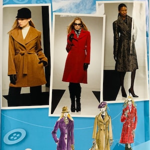 May include: Simplicity 2311 Project Runway sewing pattern envelope featuring three photographs of coats in tan, red, and patterned black fabric, along with three fashion illustrations of coats in purple, tan, and red plaid.