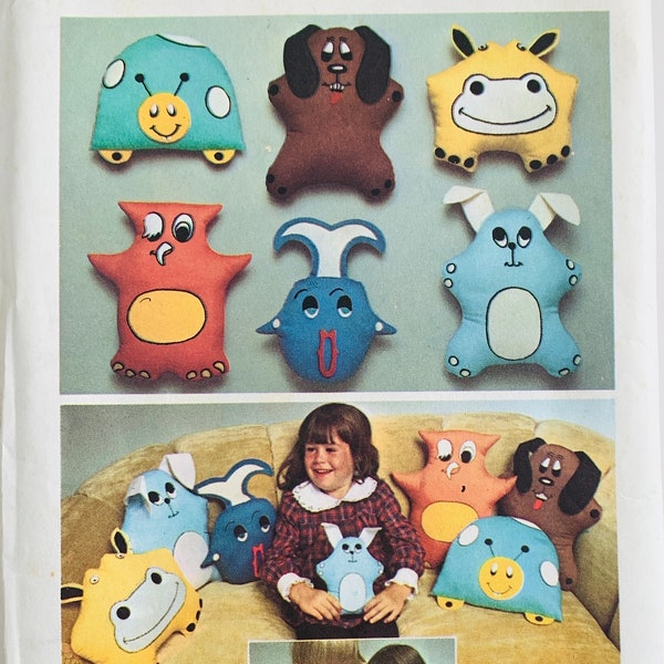 70s Transfer Pattern for Pillows, Toys and Puppets Dog Rabbit Hippo Fish Ladybug Vintage Simplicity 7228 UNCUT