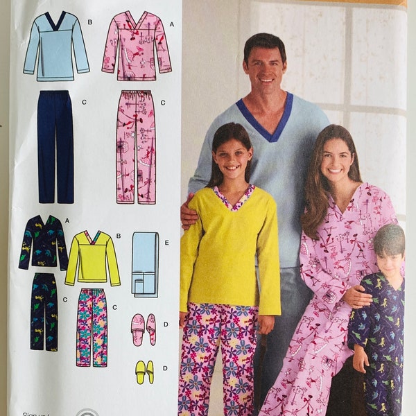 Easy Unisex Pajamas Pattern Child Adults Teens Family Pajama Pants Pajama Top Slippers Simplicity 3935 UNCUT