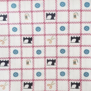 May include: A white fabric featuring a repeating grid pattern of pink diagonal lines. The design includes small, evenly spaced icons of black sewing machines, blue four-hole buttons, tan spools of thread, and tan scissors arranged in rows.