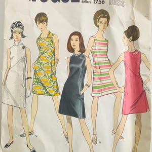 May include: Vintage Vogue pattern 1756 for a basic dress. The cover features illustrations of five women in different dresses. The dresses are in various colors and patterns, including stripes and floral designs. The text "Easy to Make" is at the bottom.