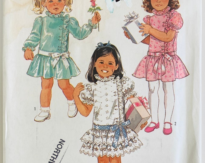 Vintage Childs Ruffled Dress Pattern 3 Styles Asymmetrical Front Button ...