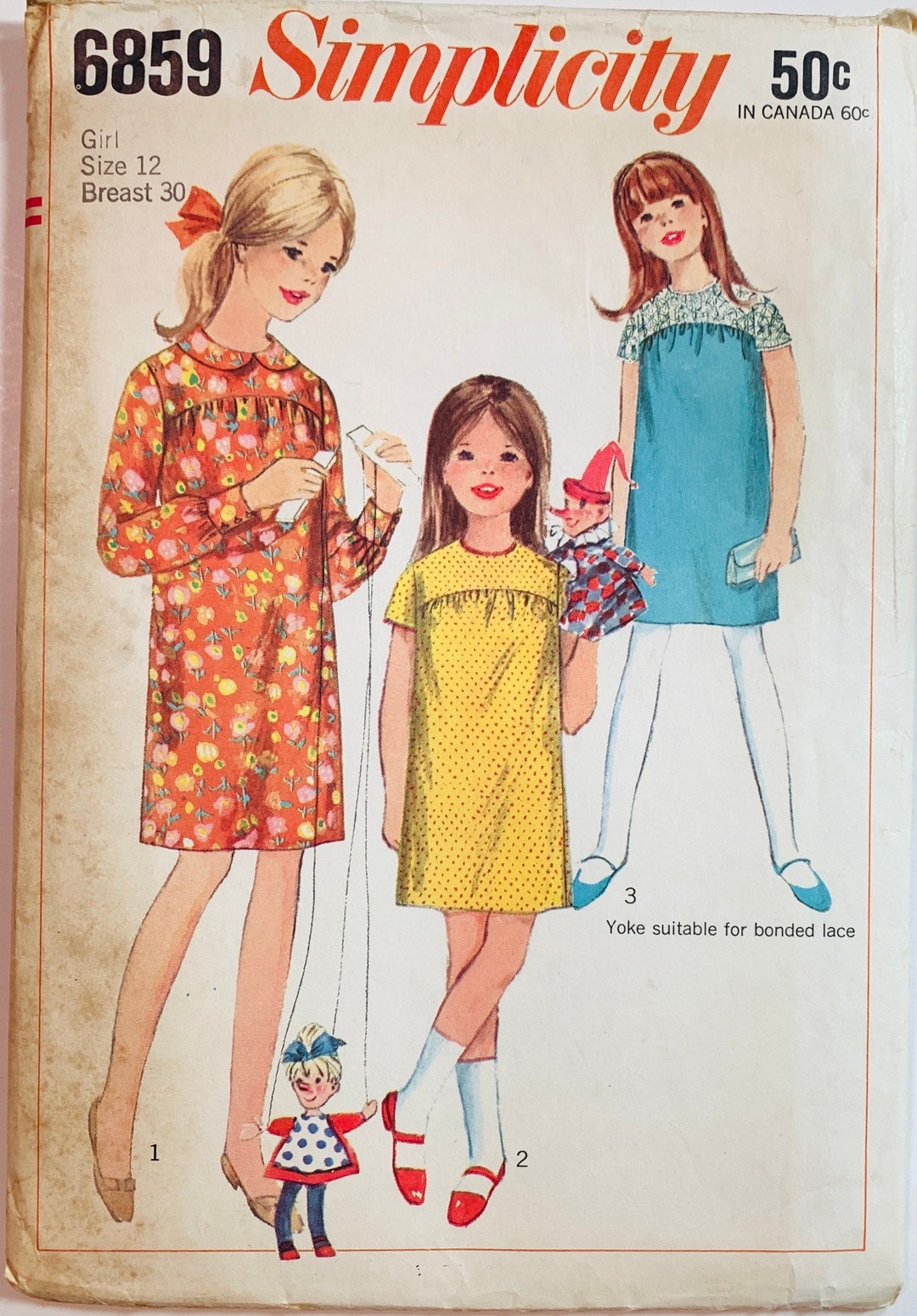 60s Girls One-piece Dress Pattern 3 Styles Peter Pan Collar