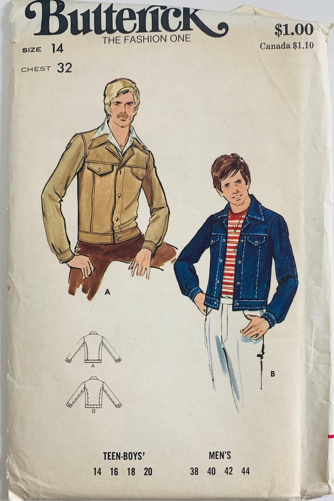 Vintage Teen Boys Semi-fitted Jacket Pattern 2 Styles Jean Jacket Style ...