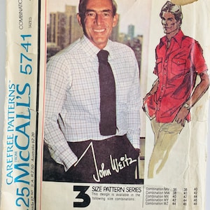 70s Mens Shirt Pattern Long or Short Sleeves Sizes 40 42 44 Vintage John Weitz McCalls 5741 UNCUT