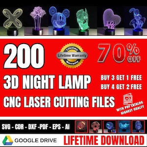 200 piezas - Archivos de lámpara LED acrílica de ilusión nocturna 3D / 200 diseños / Corte y grabado láser CNC / Uso comercial / Catálogo PDF incluido