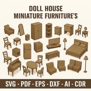 Laser geschnittene Puppenhaus-Möbel SVG - 3 mm Miniatur Möbel-Pläne - Glowforge-Dateien -Svg Dxf Cdr Ai Pdf Eps Vorlagen