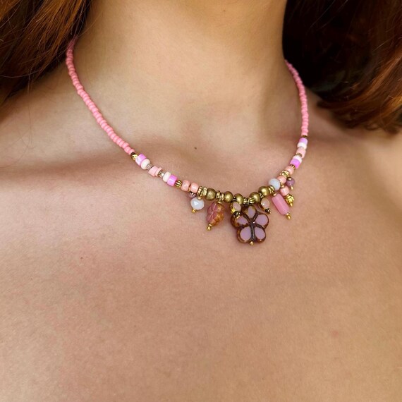 Handmade Boho Beaded Flower Necklace – Pink Gold Tones, Summer