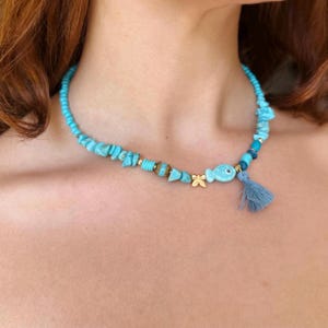 Handmade Turquoise Beaded Necklace – Natural Stone Boho Necklace with Tassel Charm – Beachy Summer Jewelry