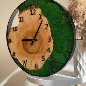May include: A round wall clock with a natural wood face and black hands. The clock face features a section of a tree trunk with visible growth rings and black numerals. The other half of the clock is filled with vibrant green moss, all encased in a black frame.