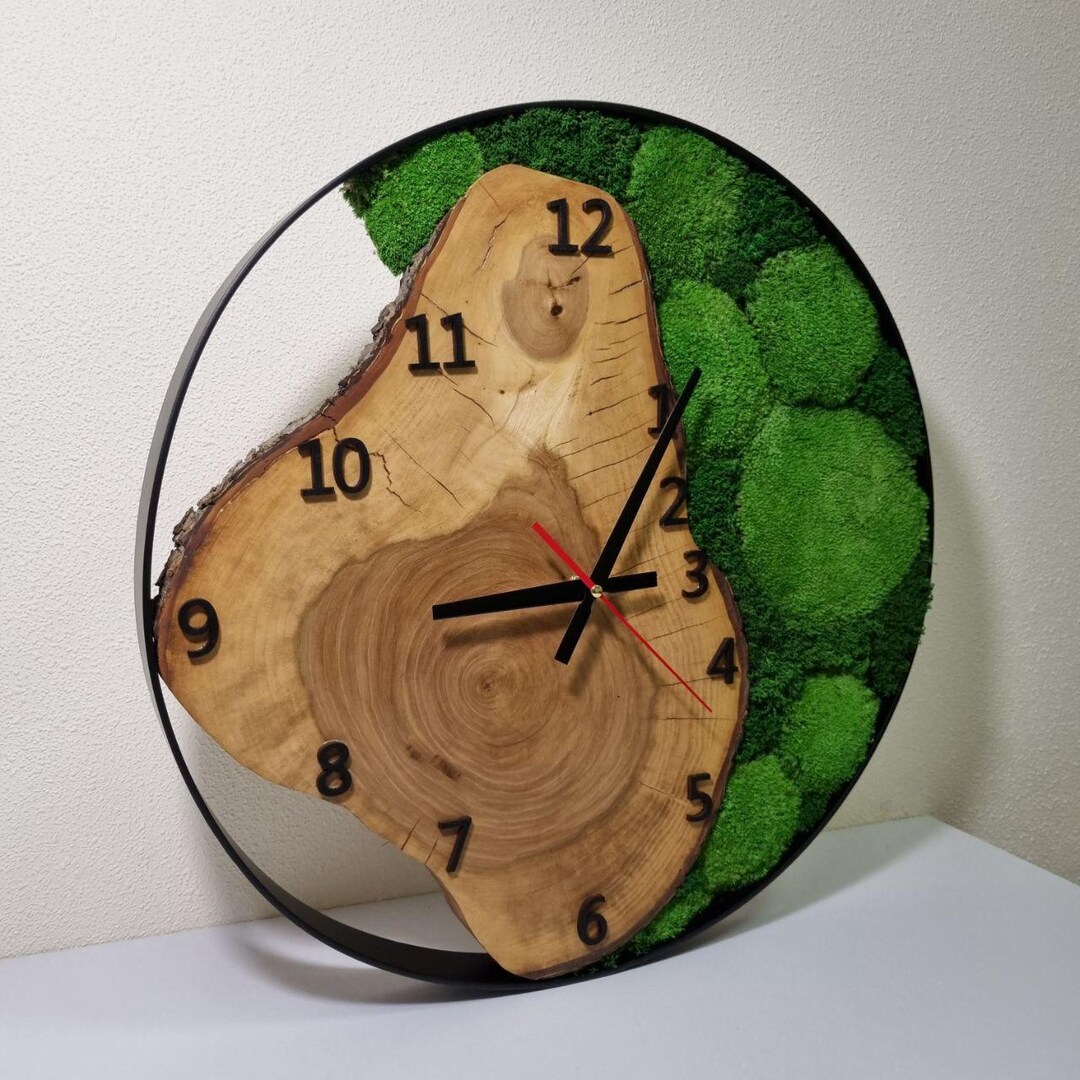 Live Edge Wood Wall Clock With Green Moss – Nature-inspired Rustic ...